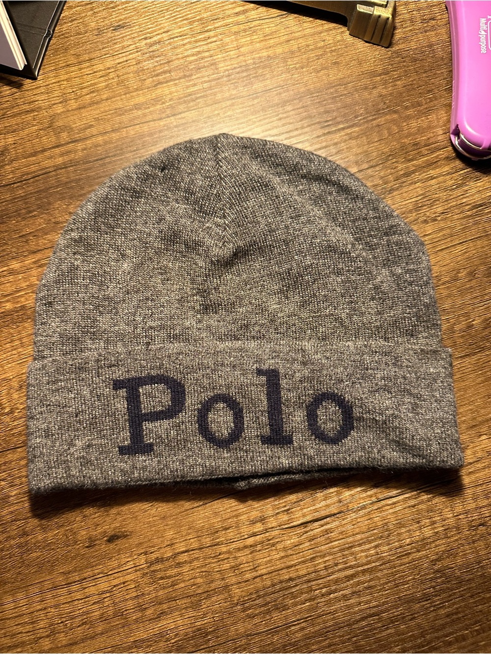 Polo by Ralph Lauren Gray Knit Beanie with Navy Logo